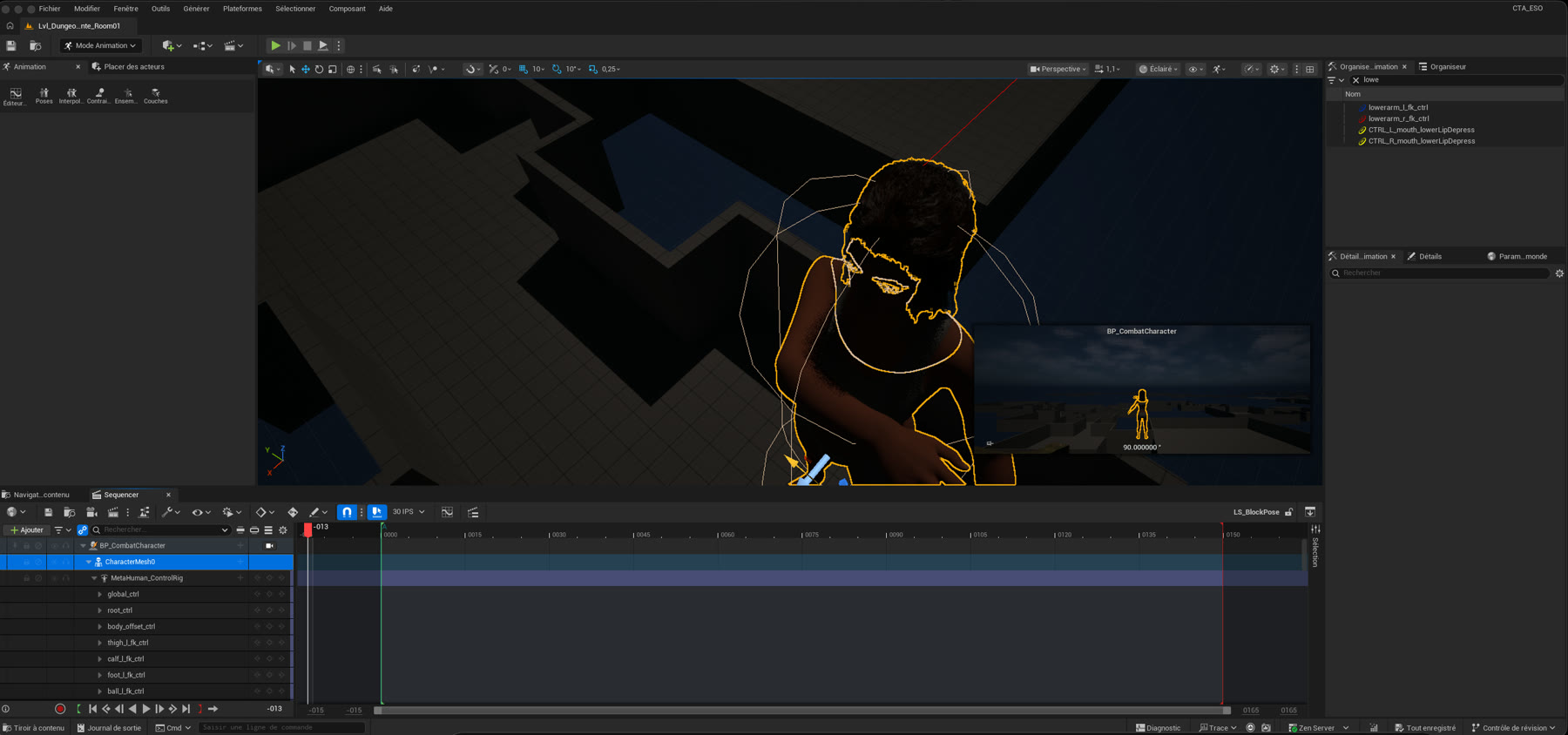 L'éditeur Unreal en mode Animation : le personnage en position de garde, entouré des contrôleurs du Control Rig, avec le Sequencer ouvert en bas sur la séquence LS_BlockPose.