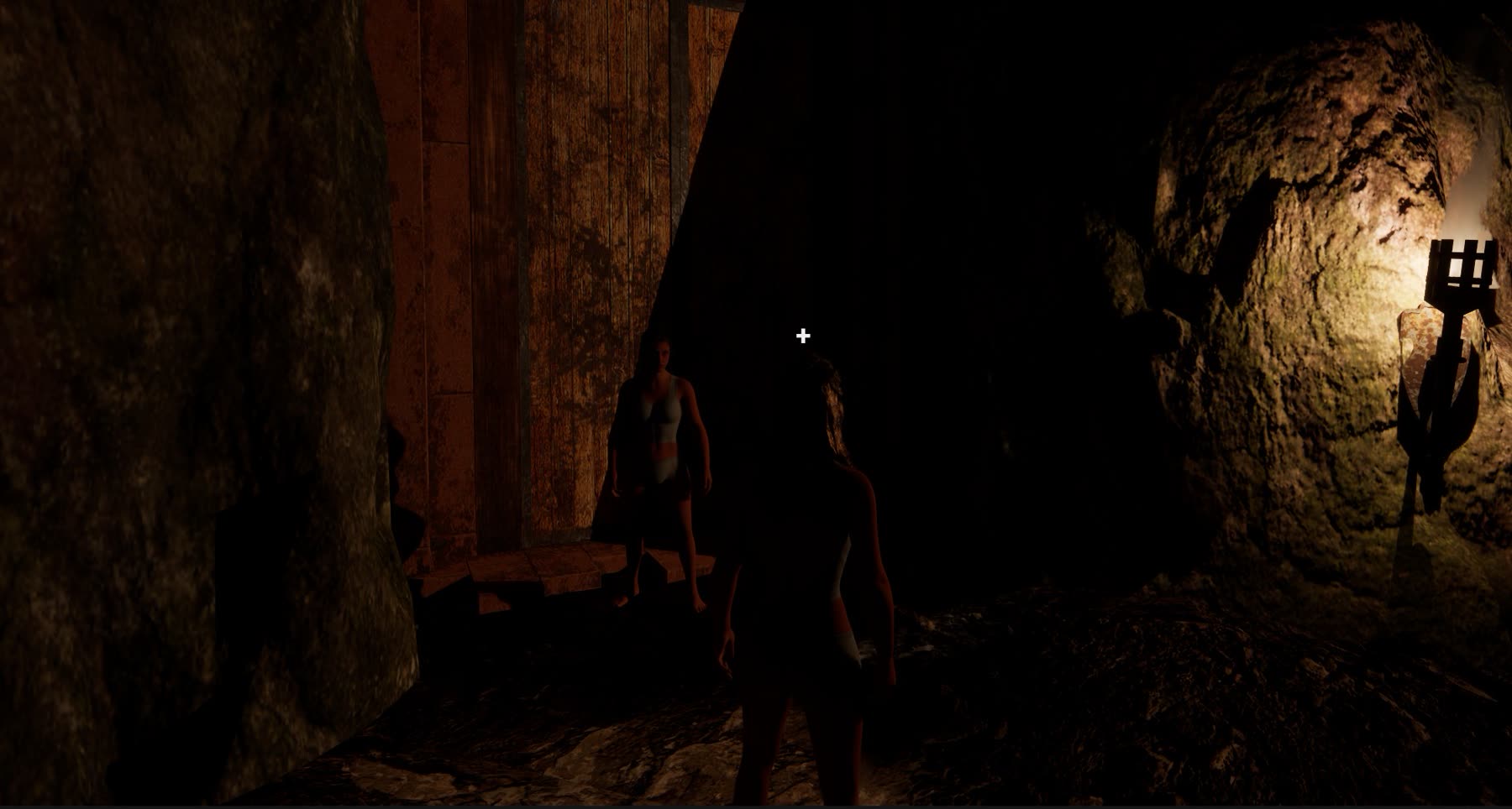 Deux personnages identiques se font face dans la salle de donjon, devant la porte de bois éclairée par une torche murale.
